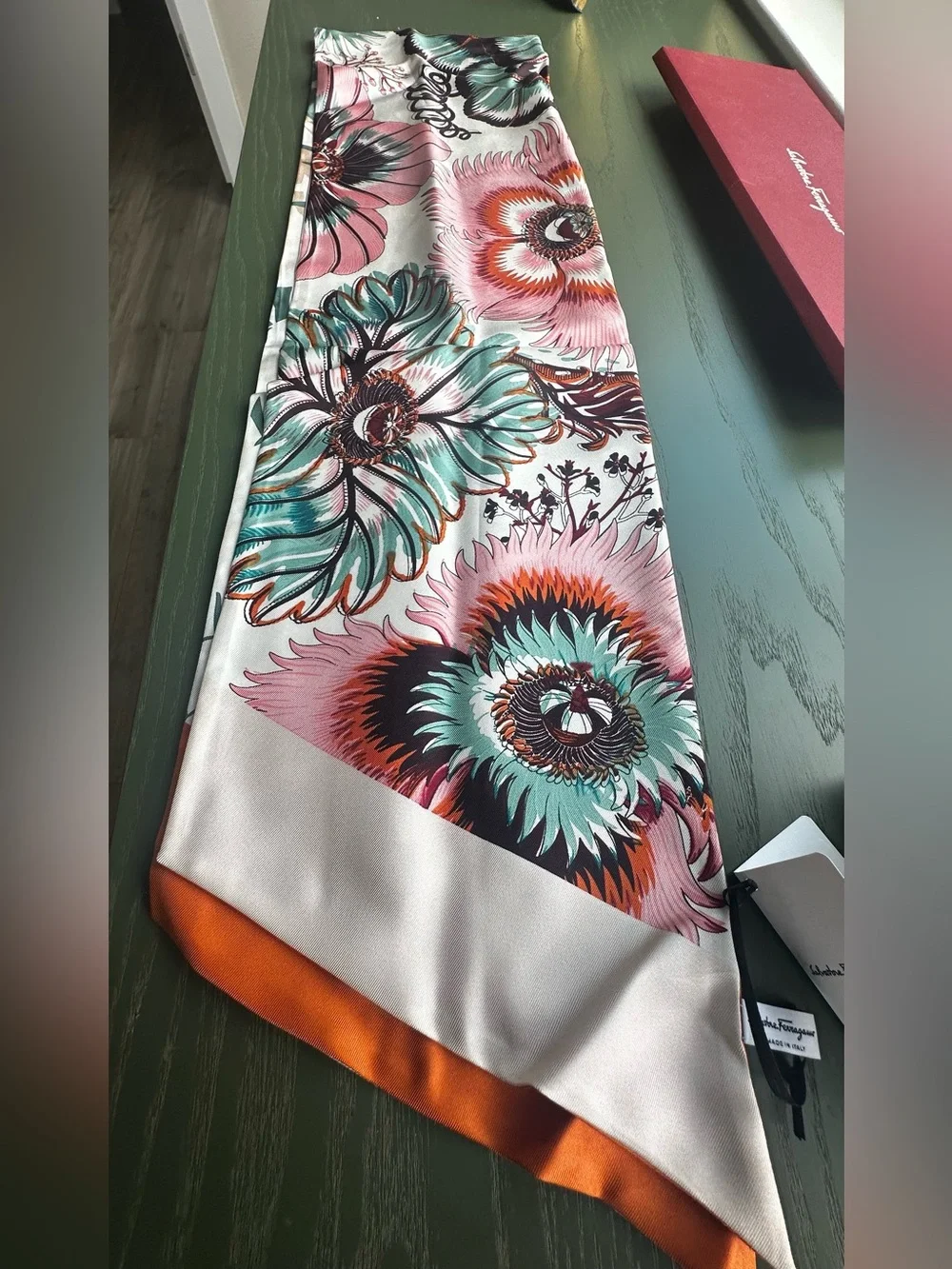 Salvatore Ferragamo reversible Brown Floral Silk Scarf with Cream Border -